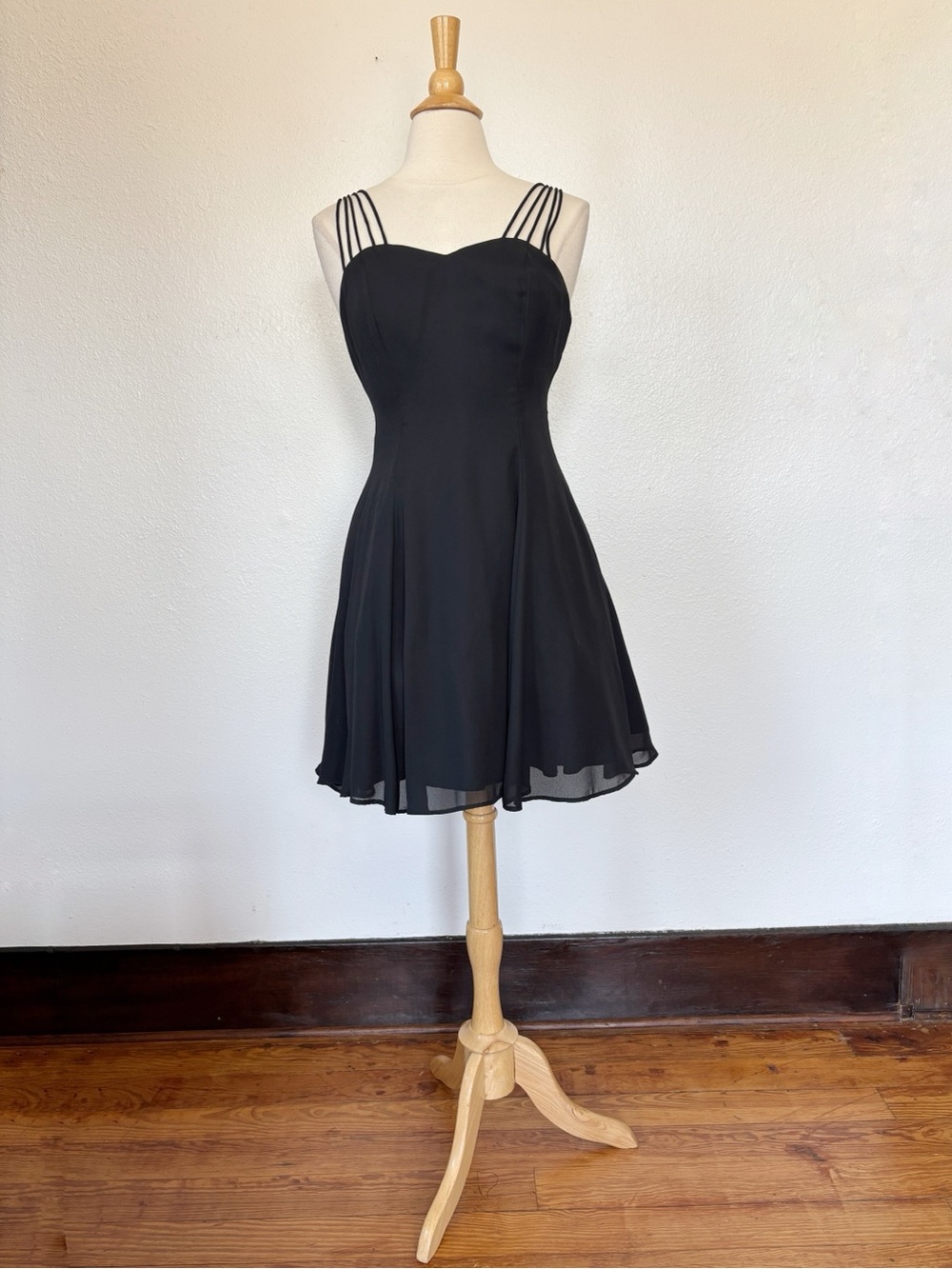 Vintage 90s Goth Solid Black Strappy A-Line Mini Dress